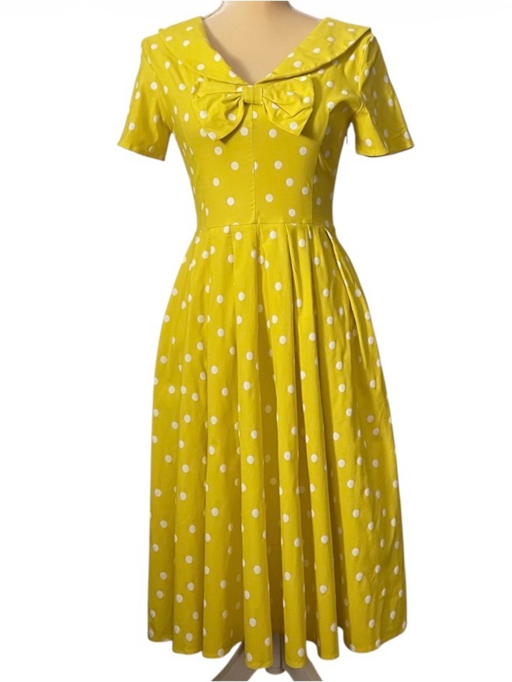Gown Town Yellow Polka Dot Dress Size S Retro Fit & Flare Bow Bright Neon